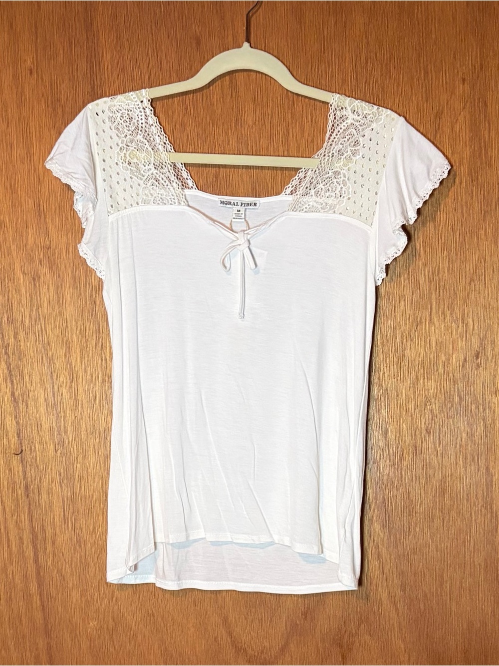 Moral Fiber White Lace-Trim Short Sleeve Blouse